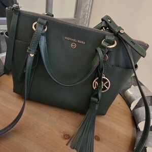 Michael Kors Dark Green Satchel Tote with Gold Details